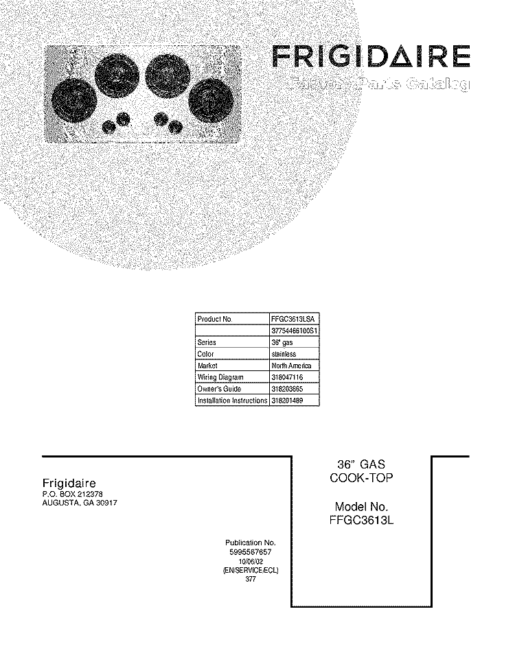 COVER Diagram and Parts List for FFGC3613LSA  Frigidaire Cooktop