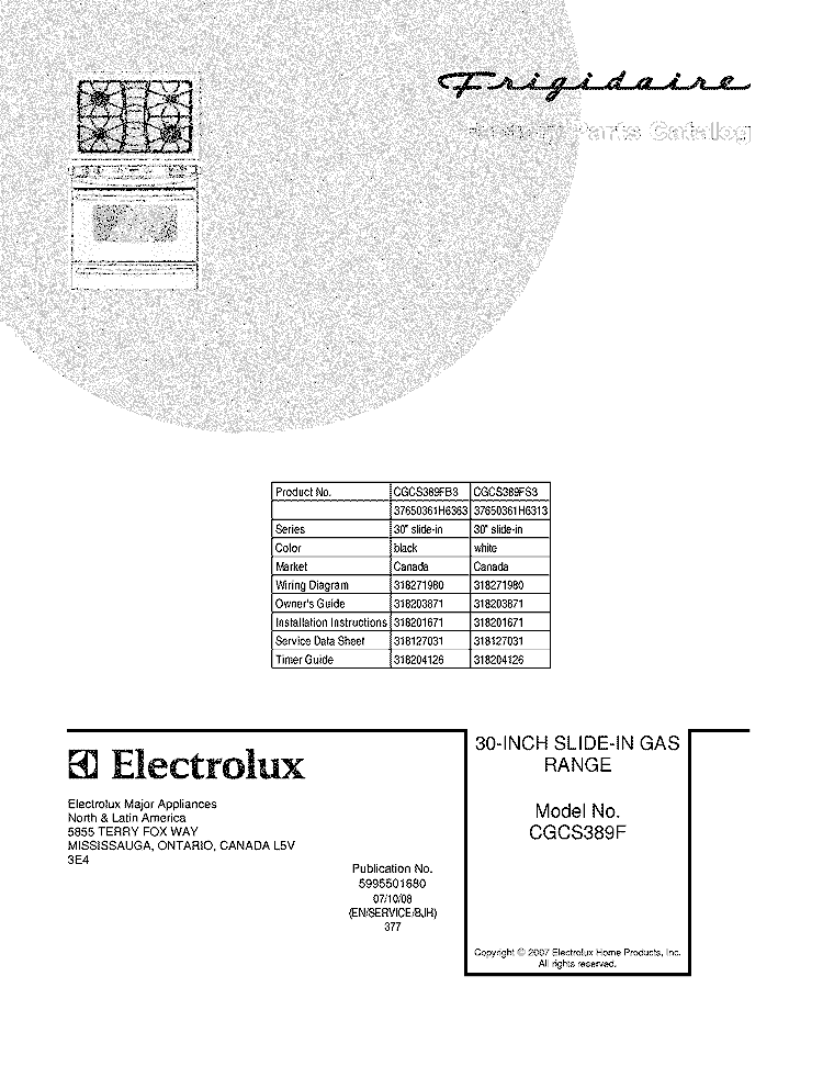 COVER Diagram and Parts List for CGCS389FS3  Frigidaire Range