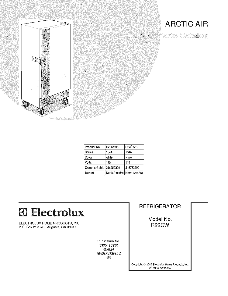 COVER Diagram and Parts List for R22CW12  Frigidaire Refrigerator