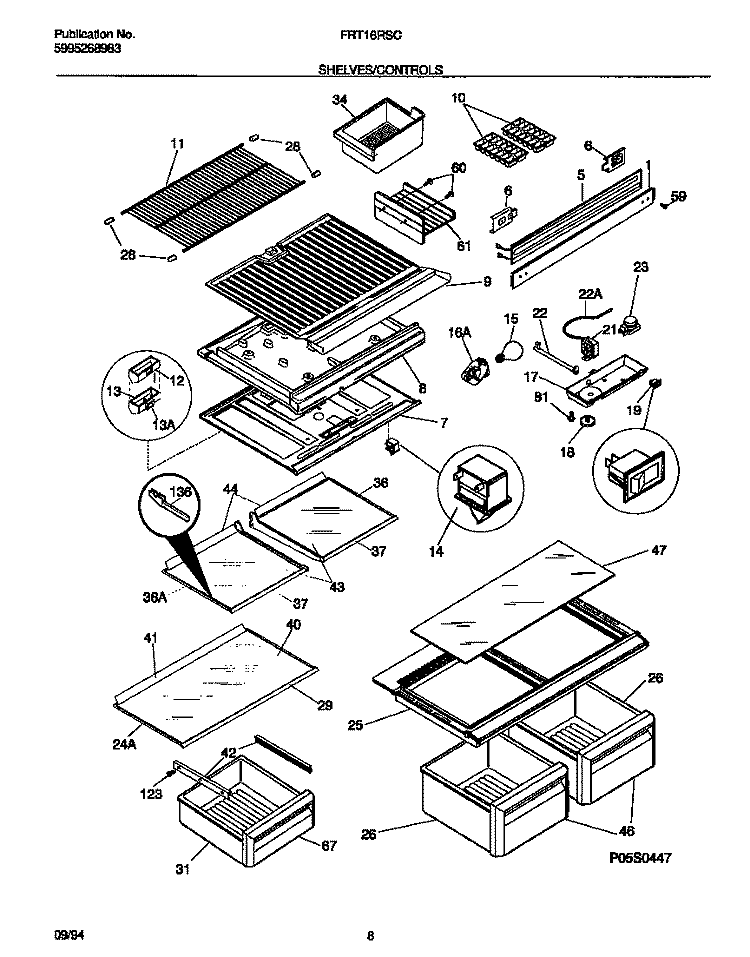 SHELVES / CONTROLS Diagram and Parts List for FRT16RSCW0  Frigidaire Refrigerator