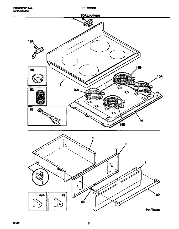 TOP / DRAWER Diagram and Parts List for TEF362BBBB  Tappan Range