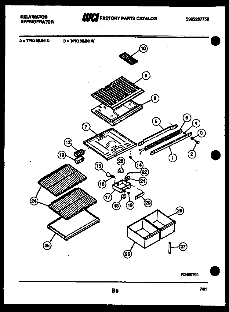 SHELVES AND SUPPORTS Diagram and Parts List for TPK160JN1W  Kelvinator Refrigerator
