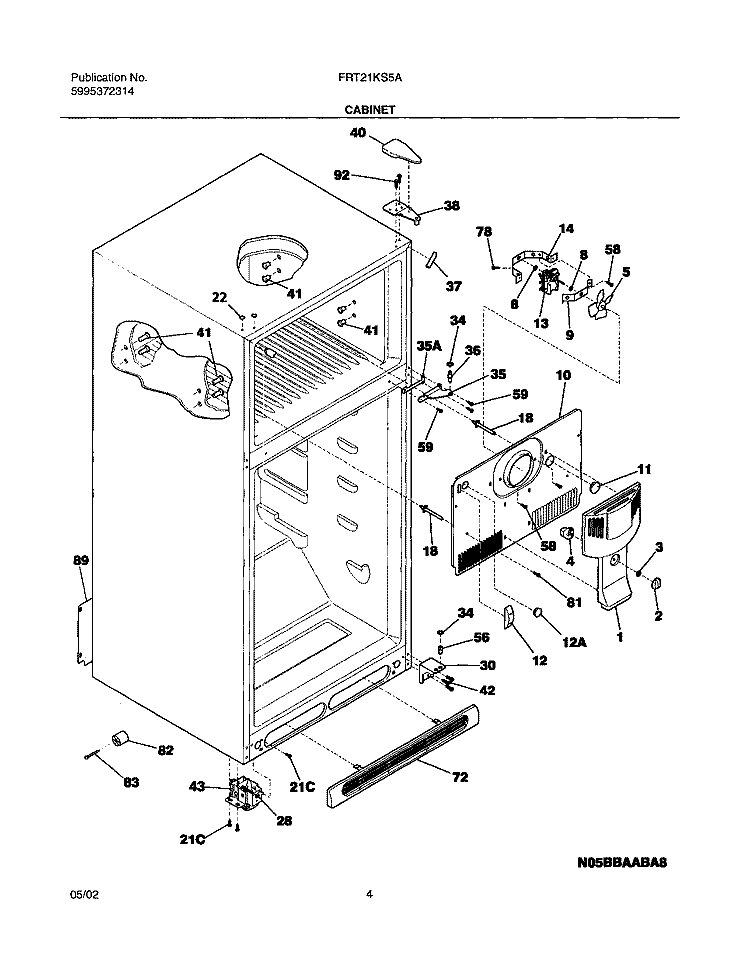 CABINET Diagram and Parts List for FRT21KS5AW5  Frigidaire Refrigerator