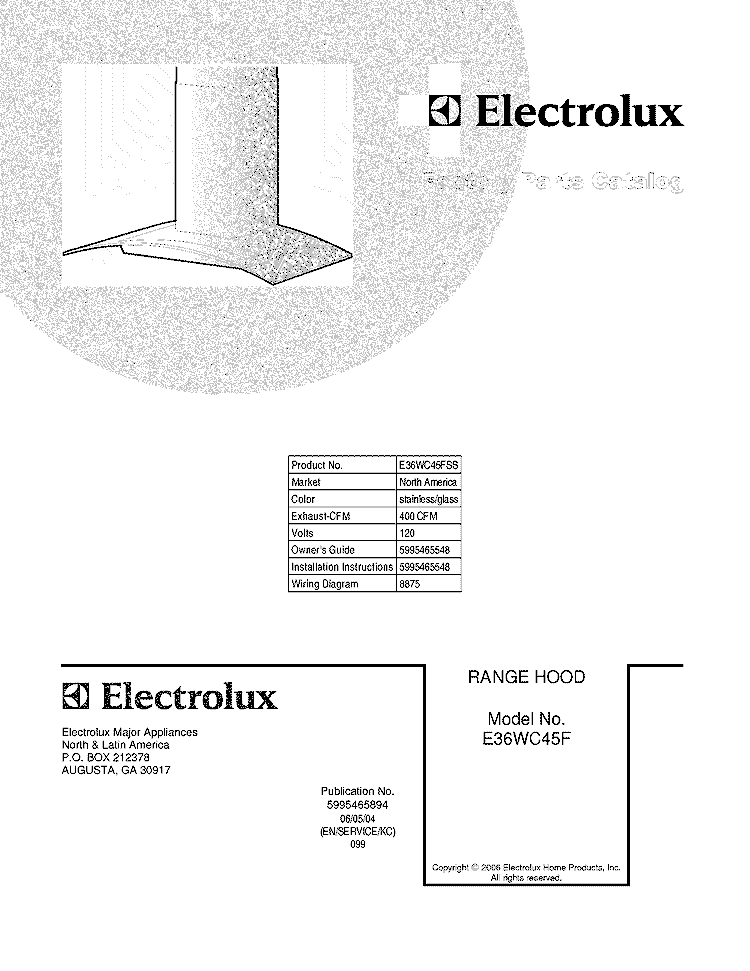 COVER Diagram and Parts List for E36WC45FSS  Electrolux Range Hood