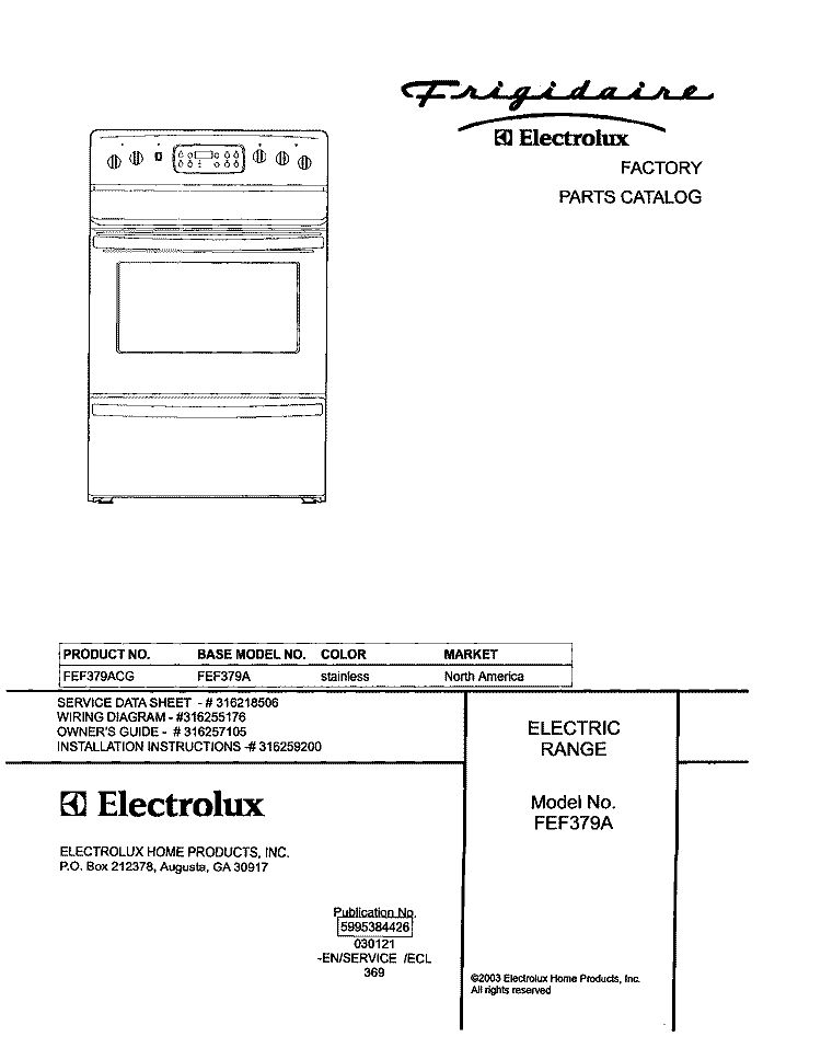 COVER Diagram and Parts List for FEF379ACG  Frigidaire Range