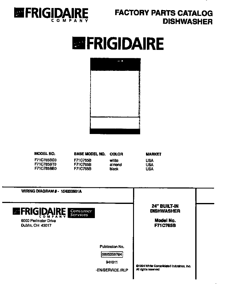 DISHWASHER, 24`` BUILT - IN Diagram and Parts List for F71C765BB0  Frigidaire Dishwasher