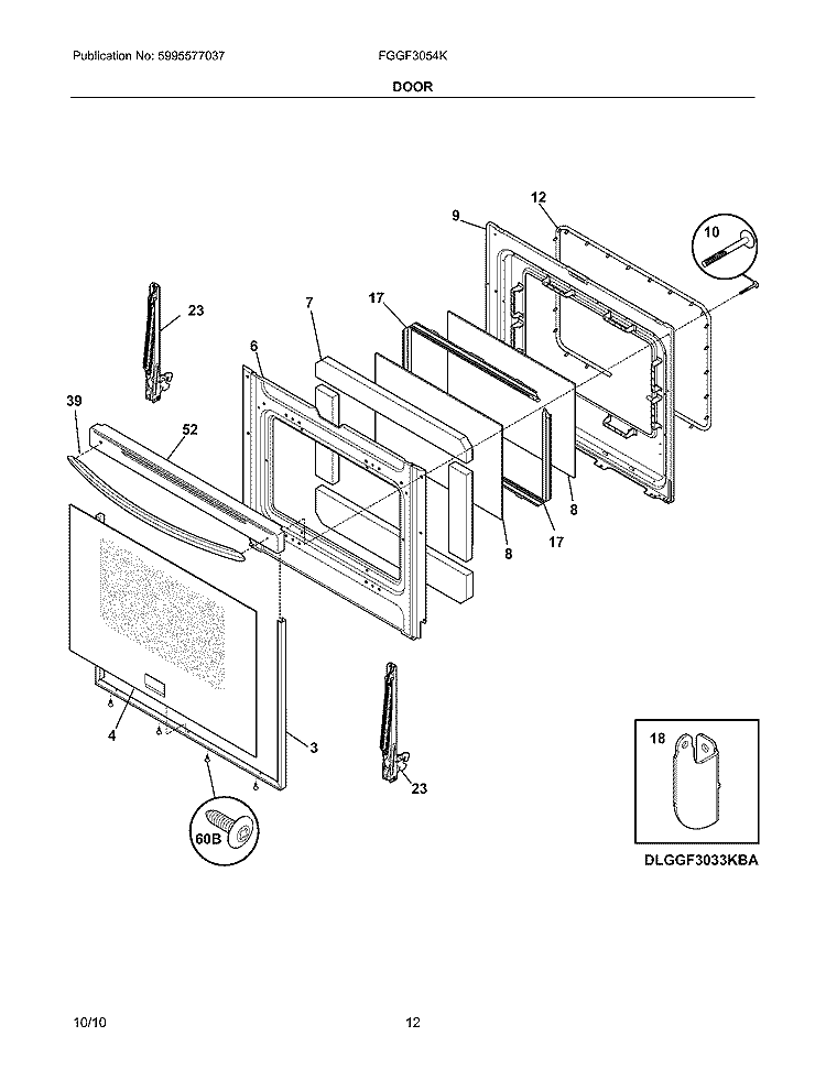 DOOR Diagram and Parts List for FGGF3054KWJ  Frigidaire Range
