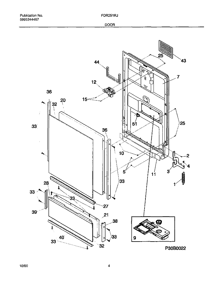 DOOR Diagram and Parts List for FDR251RJS0  Frigidaire Dishwasher