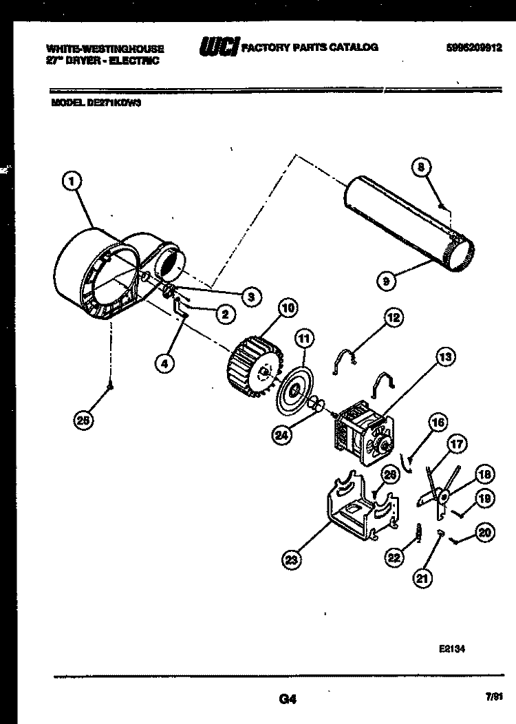 BLOWER AND DRIVE PARTS Diagram and Parts List for DE271KDW3  Frigidaire Dryer
