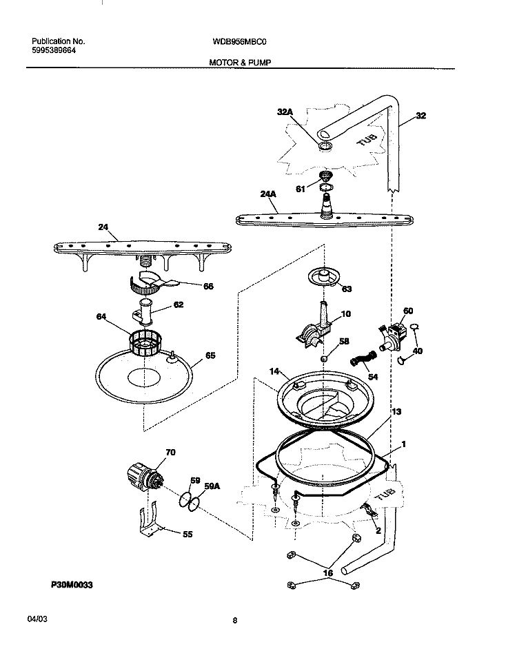 MOTOR & PUMP Diagram and Parts List for WDB956MBC0  Westinghouse Dishwasher