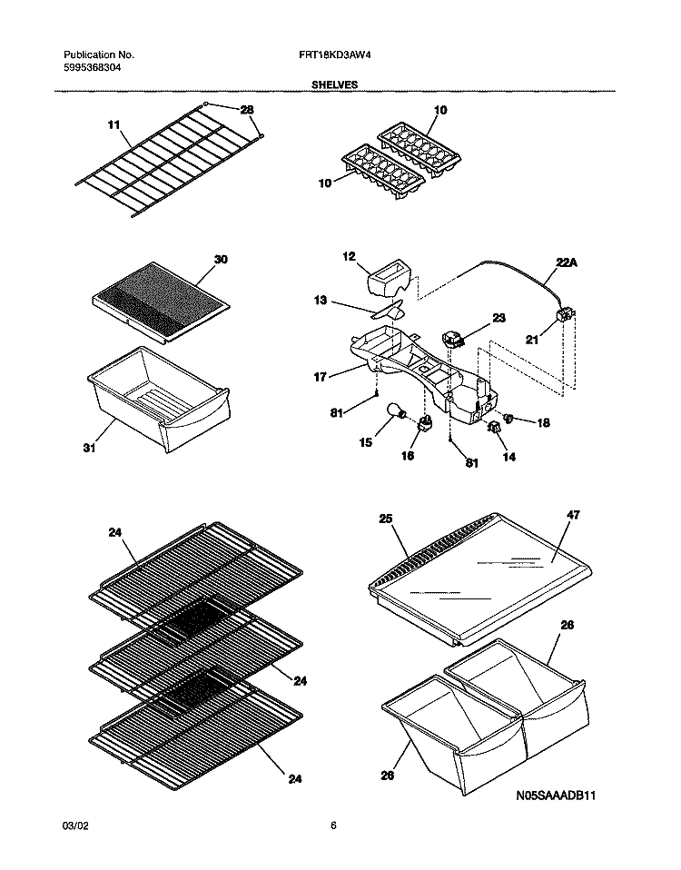 SHELVES Diagram and Parts List for FRT18KD3AW4  Frigidaire Refrigerator