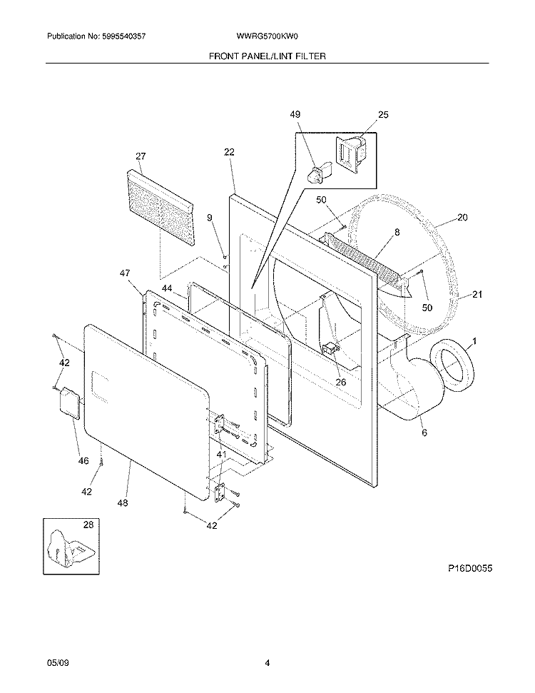 FRONT PANEL/LINT FILTER Diagram and Parts List for WWRG5700KW0  Crosley Dryer