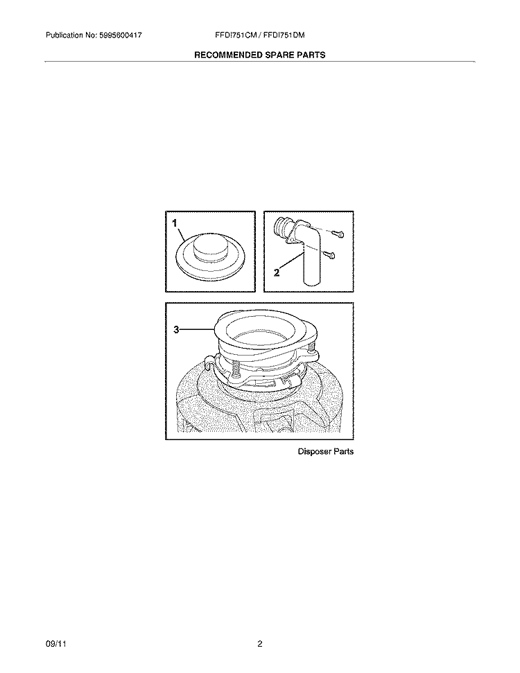 RECOMMENDED SPARE PARTS Diagram and Parts List for FFDI751CMS0  Frigidaire Food Waste Disposer