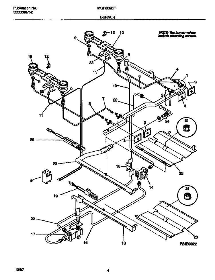 BURNER Diagram and Parts List for MGF352BFDB  Frigidaire Range