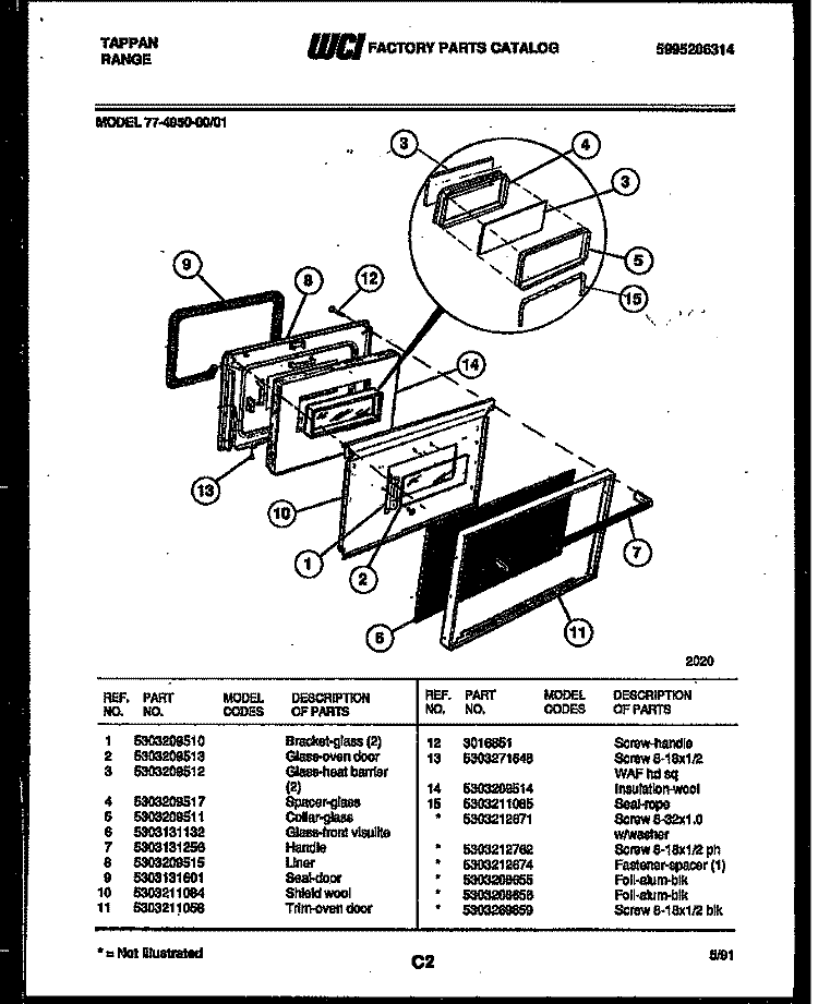 LOWER OVEN DOOR PARTS Diagram and Parts List for 77-4950-00-01  Tappan Range