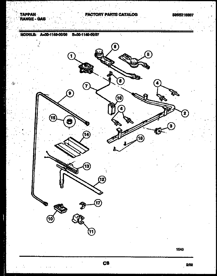BURNER, MANIFOLD AND GAS CONTROL Diagram and Parts List for 30-1149-00-07  Tappan Range
