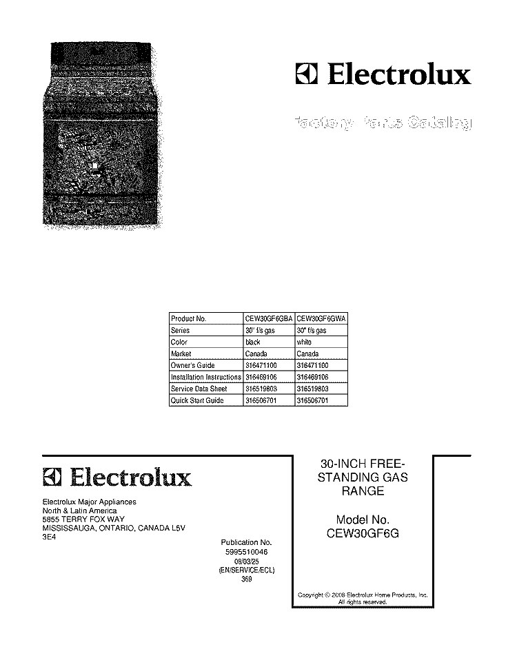 COVER Diagram and Parts List for CEW30GF6GWA  Electrolux Range