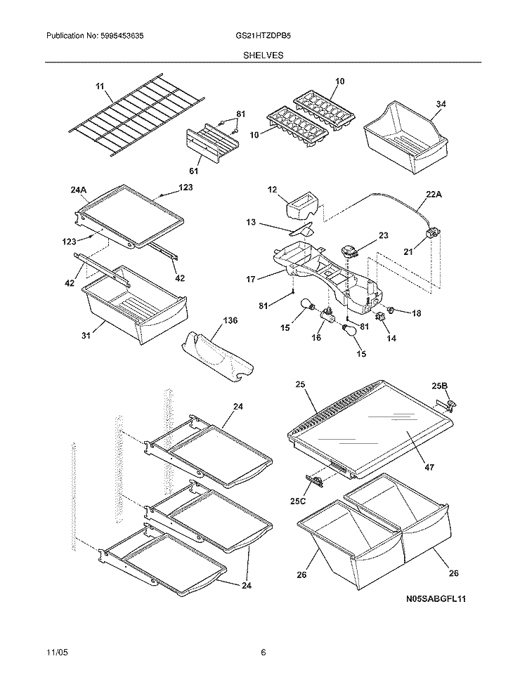 SHELVES Diagram and Parts List for GS21HTZDPB5  Frigidaire Refrigerator