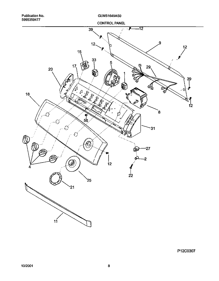 CONTROL PANEL Diagram and Parts List for GLWS1649AS0  Frigidaire Washer