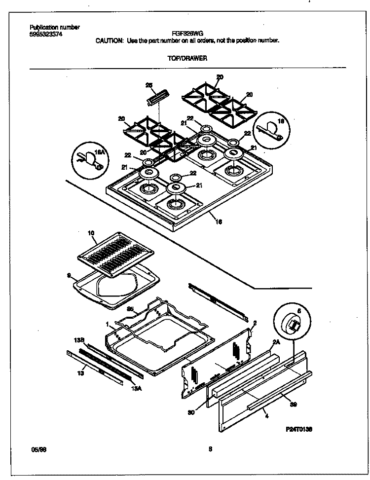 TOP / DRAWER Diagram and Parts List for FGF326WGTE  Frigidaire Range