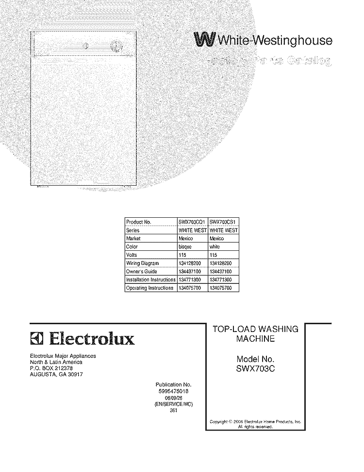COVER Diagram and Parts List for SWX703CS1  Westinghouse Washer