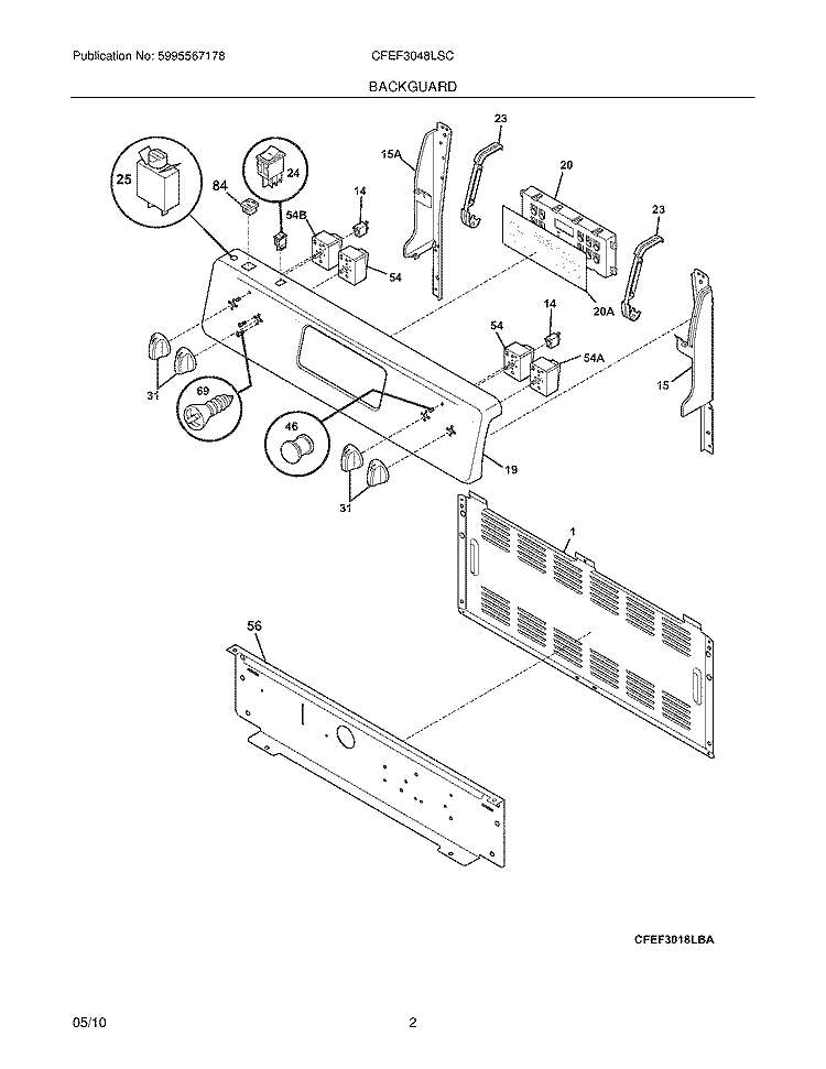 BACKGUARD Diagram and Parts List for CFEF3048LSC  Frigidaire Range