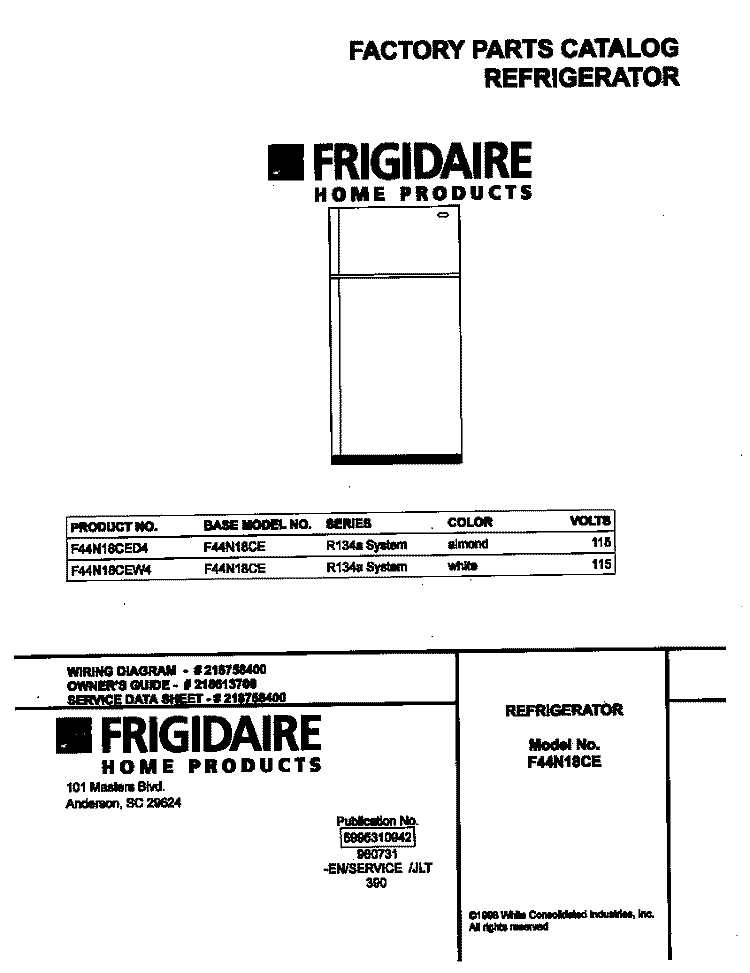 COVER Diagram and Parts List for F44N18CED4  Frigidaire Refrigerator