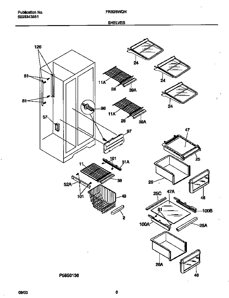 SHELVES Diagram and Parts List for FRS26WQHW2  Frigidaire Refrigerator