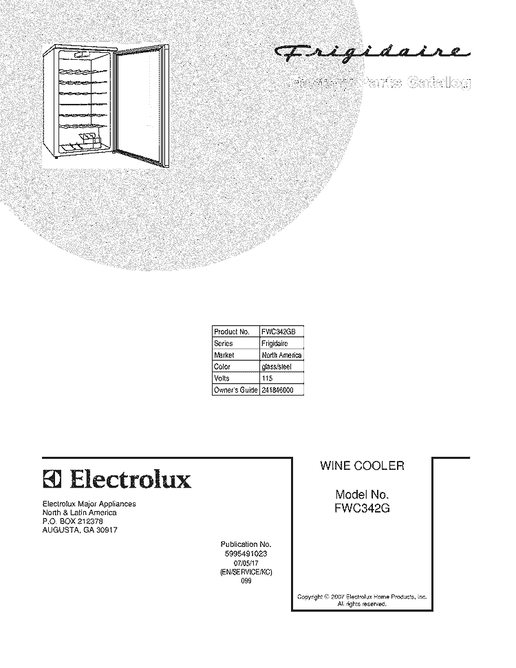 COVER Diagram and Parts List for FWC342GB  Frigidaire Wine and Beverage Cooler