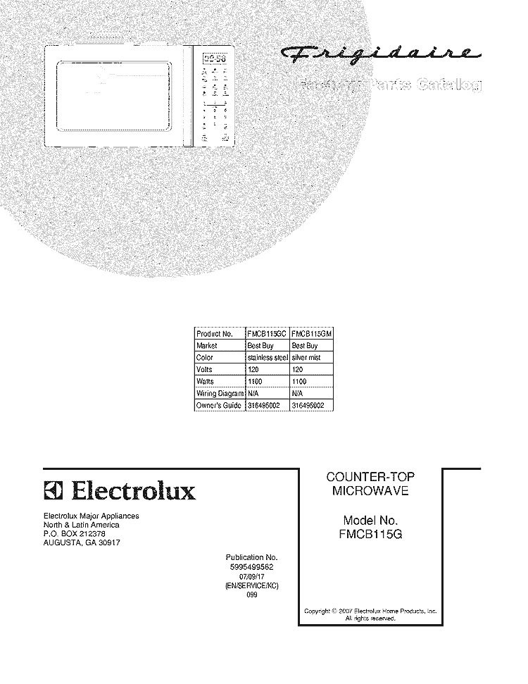 COVER Diagram and Parts List for FMCB115GM  Frigidaire Microwave