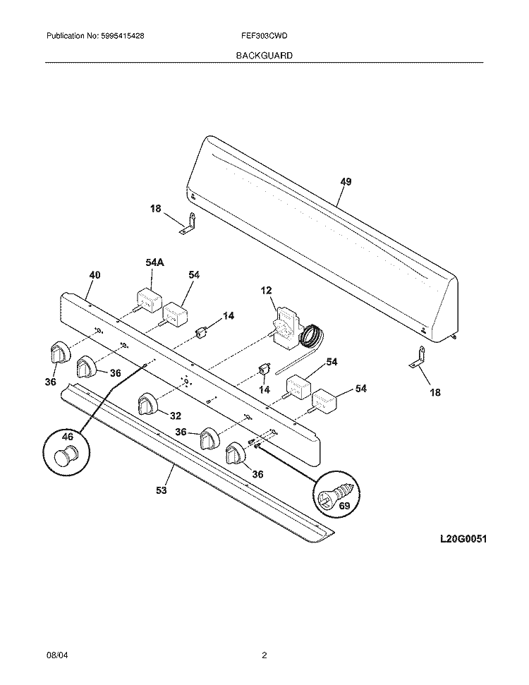 BACKGUARD Diagram and Parts List for FEF303CWD  Frigidaire Range