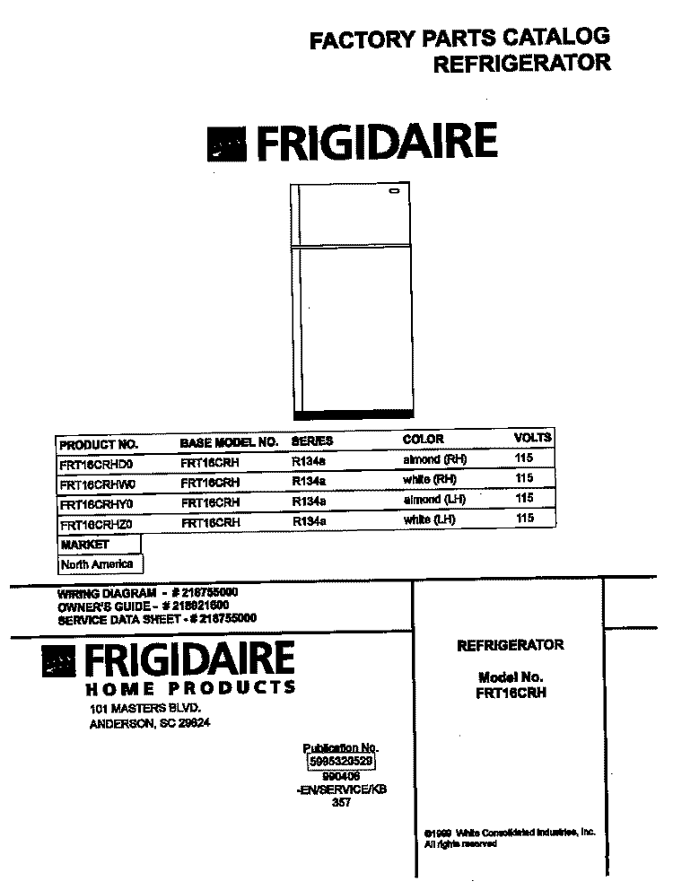 COVER Diagram and Parts List for FRT16CRHY0  Frigidaire Refrigerator