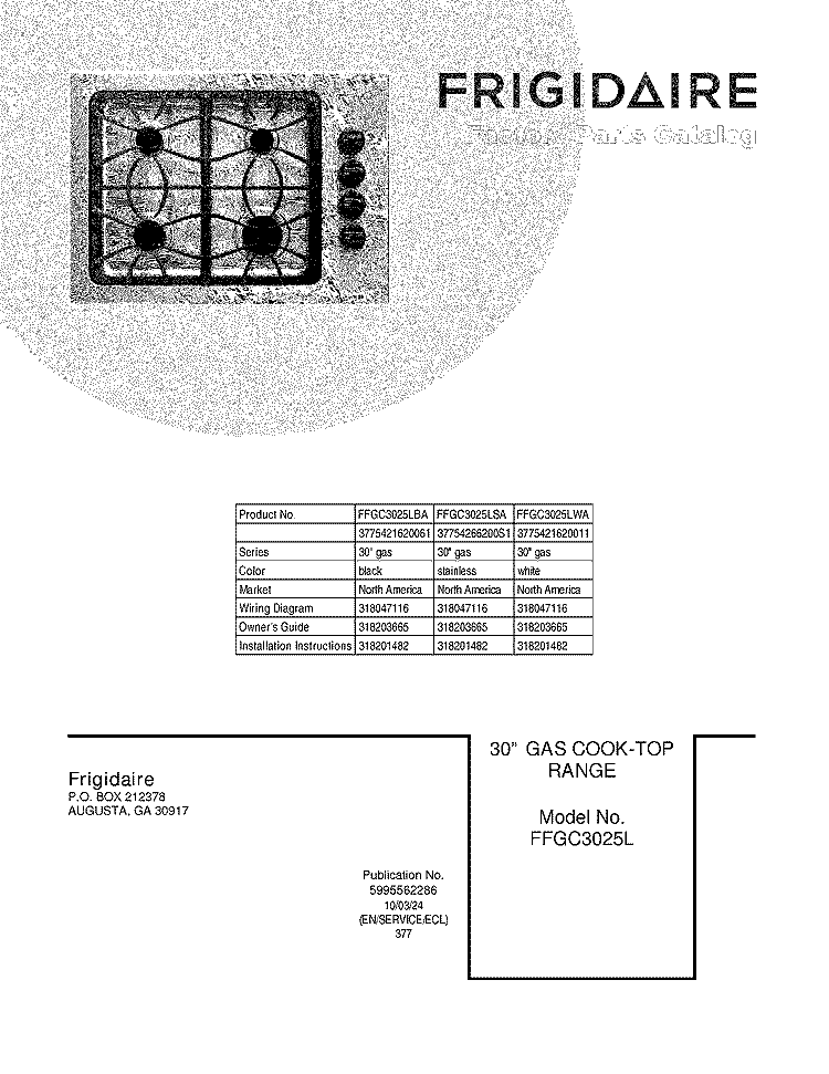 COVER Diagram and Parts List for FFGC3025LWA  Frigidaire Cooktop