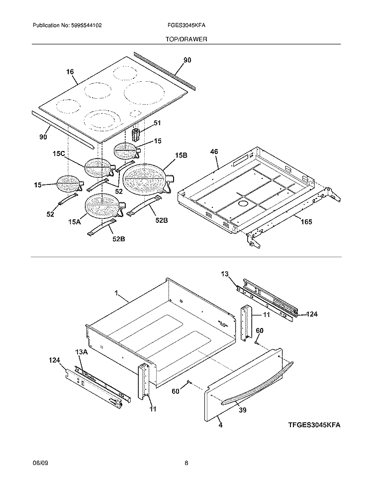 TOP/DRAWER Diagram and Parts List for FGES3045KFA  Frigidaire Range