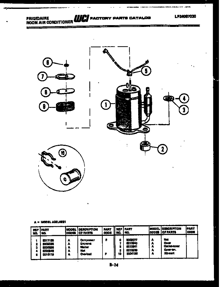 COMPRESSOR PARTS Diagram and Parts List for A06LH8E1  Frigidaire Air Conditioner