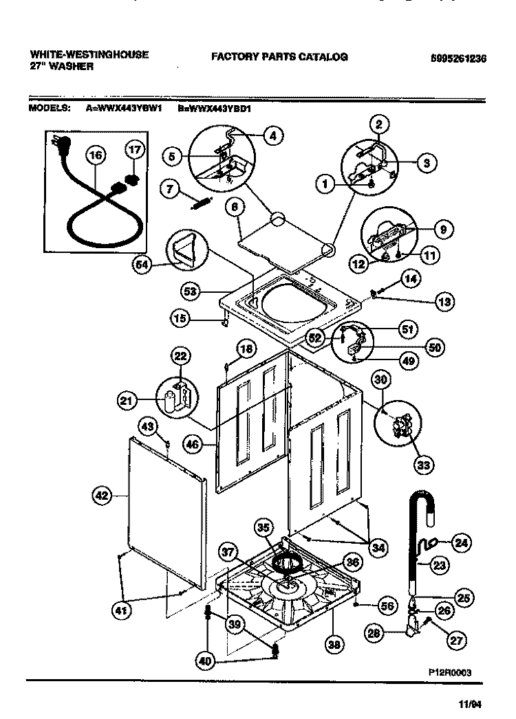 CABINET, TOP PANEL, BASE Diagram and Parts List for WWX443YBD1  Frigidaire Washer
