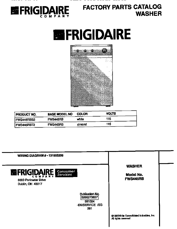 COVER Diagram and Parts List for FWS445RBT2  Frigidaire Washer