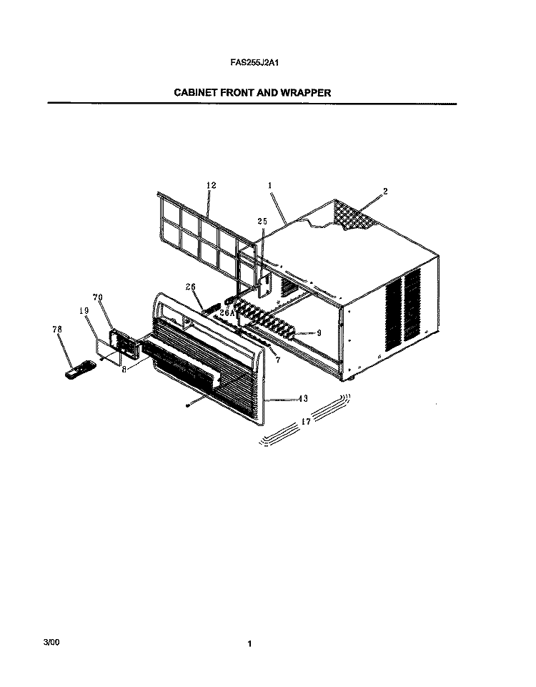 CABINET FRONT / WRAPPER Diagram and Parts List for FAS255J2A1  Frigidaire Air Conditioner