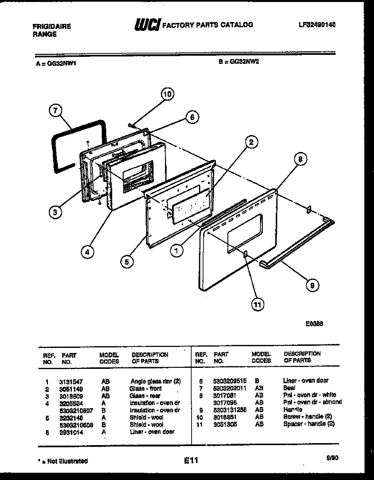 DOOR PARTS Diagram and Parts List for GG32NL1  Frigidaire Range