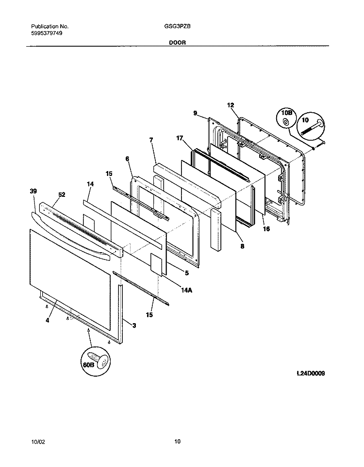 DOOR Diagram and Parts List for GSG3PZBBB  Frigidaire Range