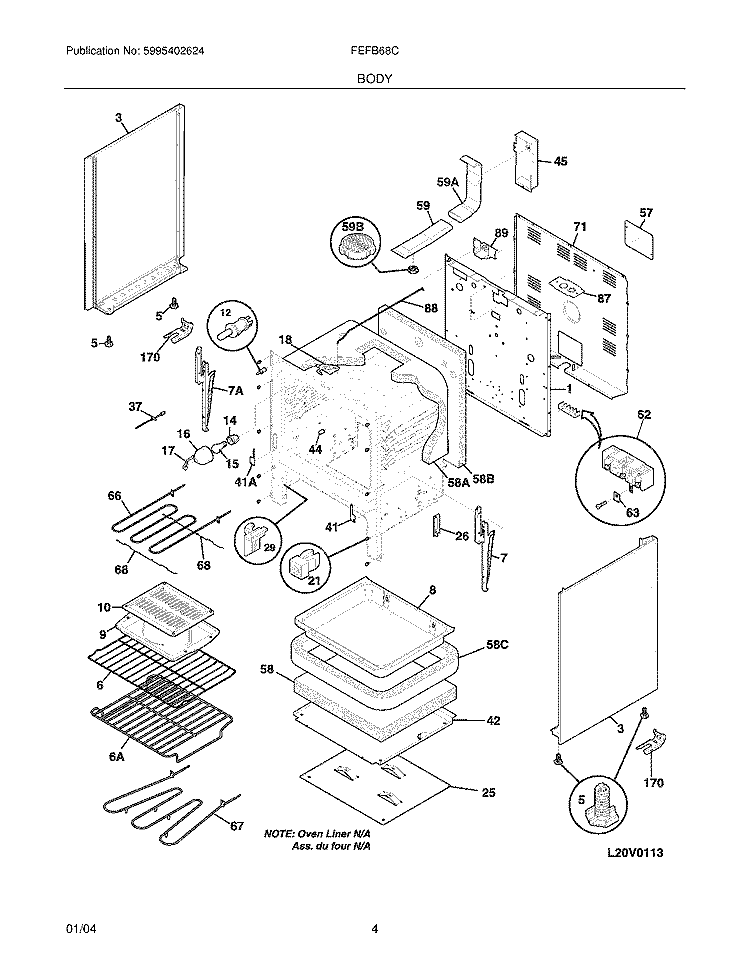BODY Diagram and Parts List for FEFB68CBC  Frigidaire Range
