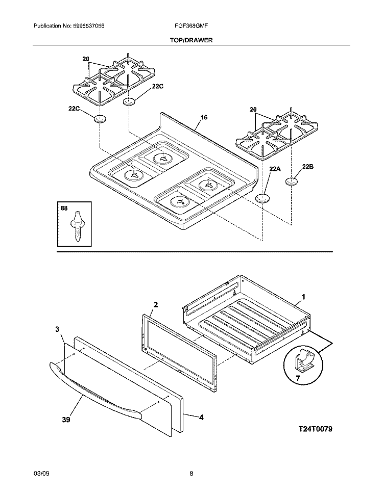 TOP/DRAWER Diagram and Parts List for FGF368GMF  Frigidaire Range