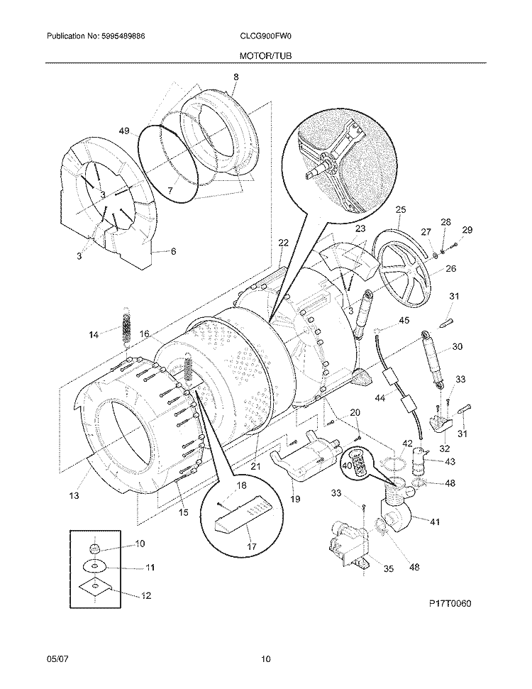 MOTOR / TUB Diagram and Parts List for CLCG900FW0  Crosley Washer Dryer Combo