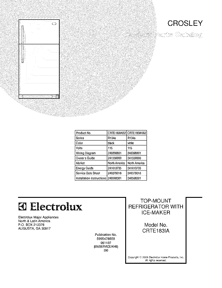 COVER Diagram and Parts List for CRTE183IAW2  Frigidaire Refrigerator