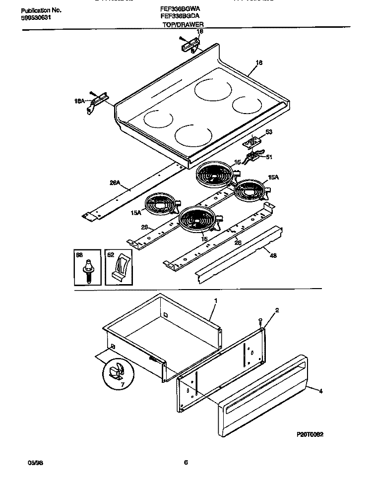 TOP / DRAWER Diagram and Parts List for FEF336BGWA  Frigidaire Range