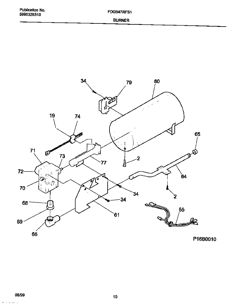 P16B0010 BURNER, VALVE Diagram and Parts List for FDG647RFS1  Frigidaire Dryer