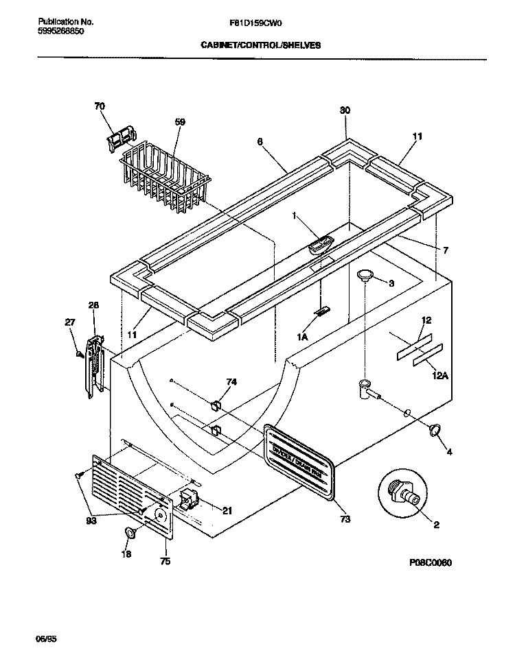 CABINET / CONTROL / SHELVES Diagram and Parts List for F81D159CW0  Frigidaire Freezer