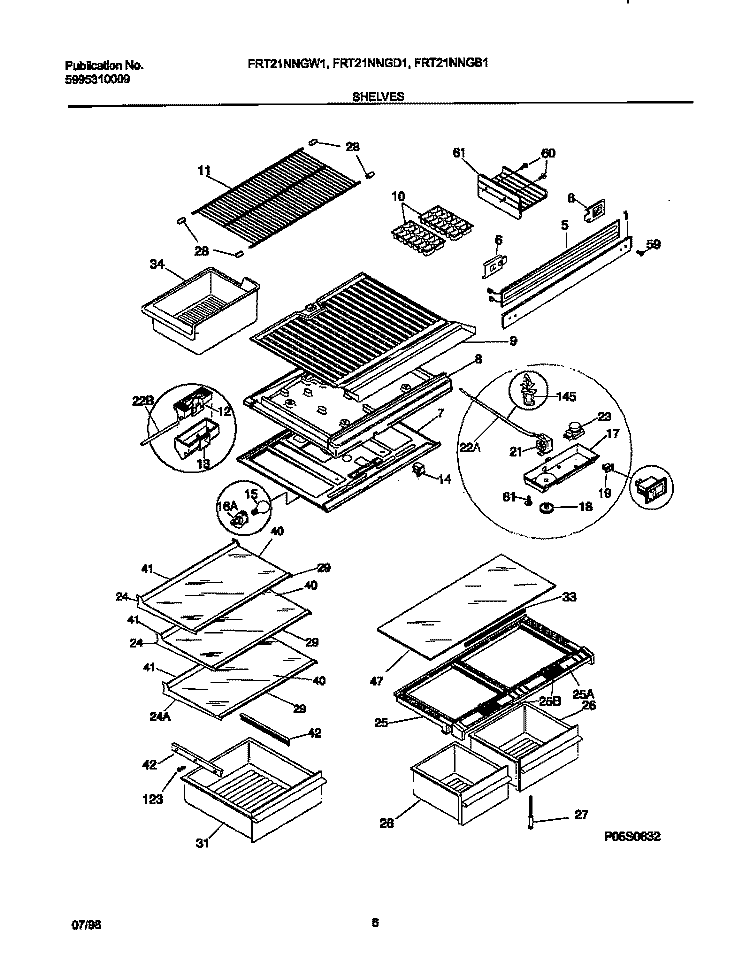 SHELVES Diagram and Parts List for FRT21NNGB1  Frigidaire Refrigerator