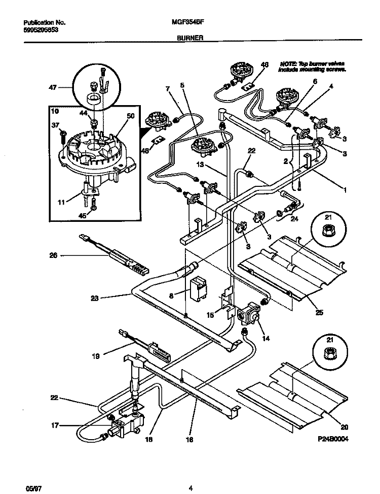 BURNER Diagram and Parts List for MGF354BFDA  Frigidaire Range