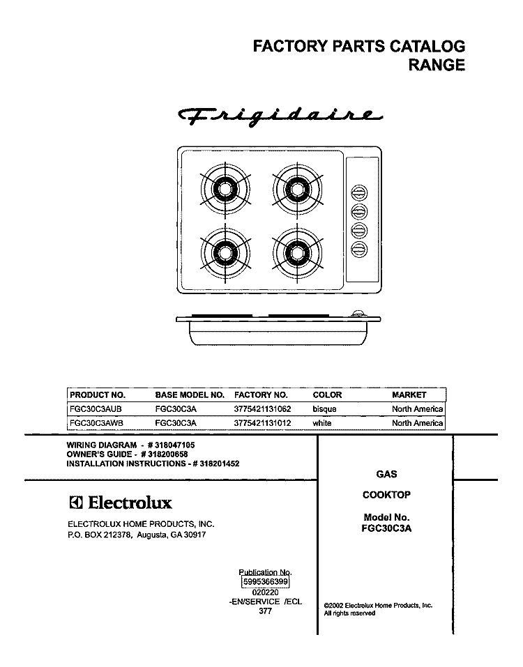 COVER Diagram and Parts List for FGC30C3AUB  Frigidaire Cooktop